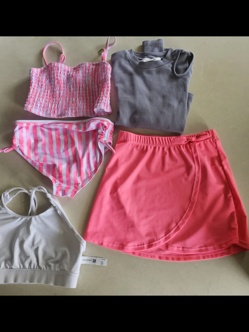 Girls Neon Pink Striped Tankini with Solid Neon Pink Swim Skirt